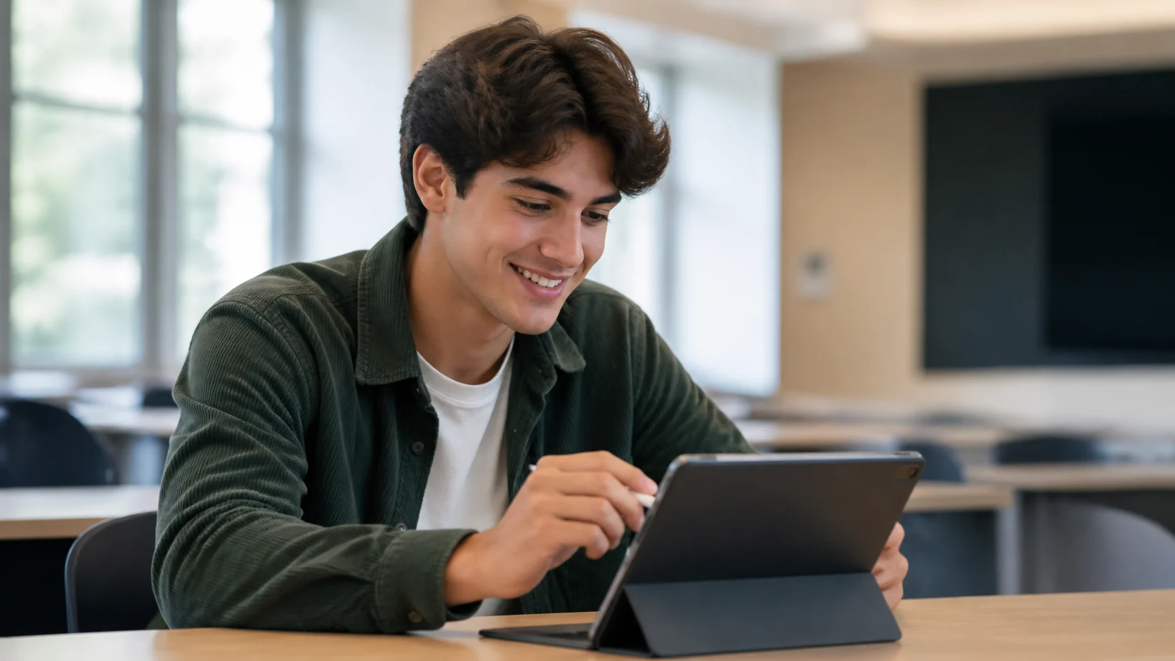 A smiling university student participating in class through a tablet.