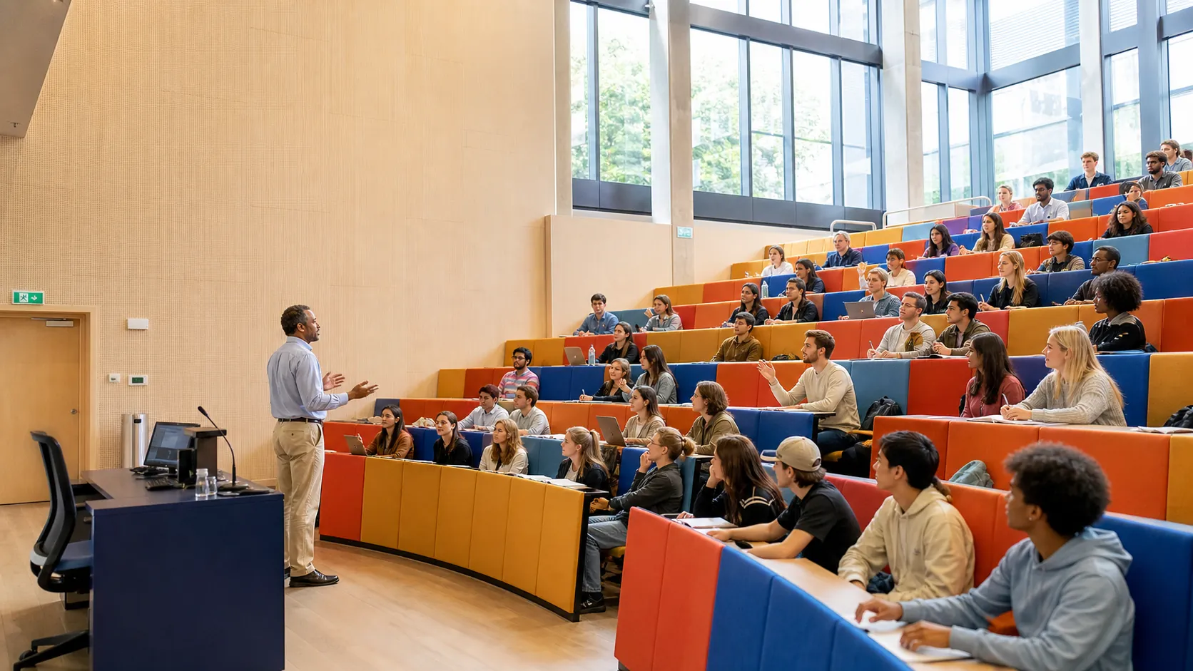 A bright, colourful university lecture hall filled with engaged students and a lecturer.