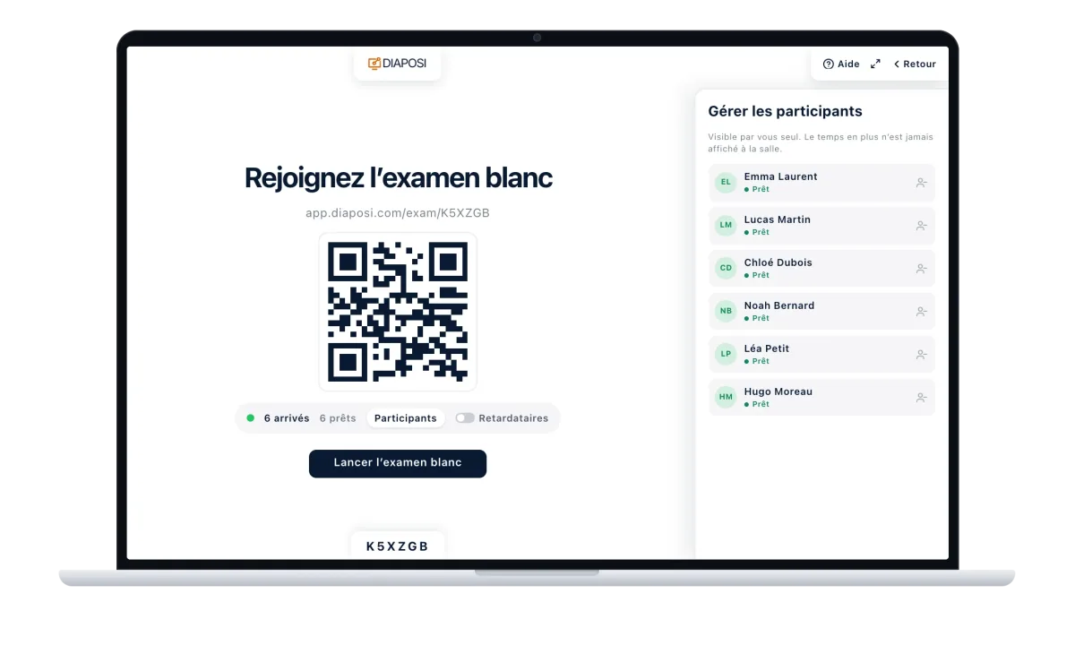La salle d’attente d’un examen blanc Diaposi sur un ordinateur : le QR code pour rejoindre et les participants qui arrivent