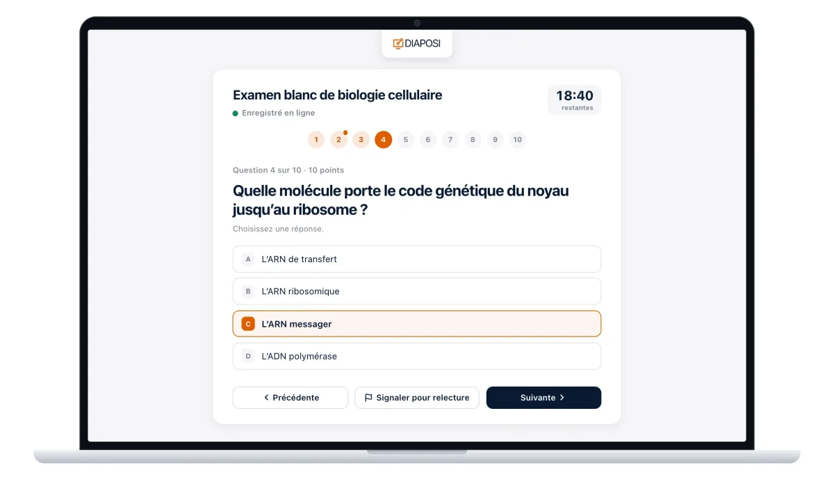 Une question d’examen blanc Diaposi sur un ordinateur, avec le chrono qui tourne et les réponses proposées