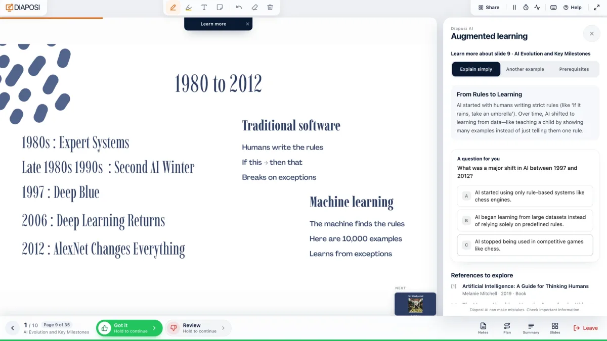 Une diapositive de cours ouverte dans Diaposi Augmented Learning, avec des explications à côté