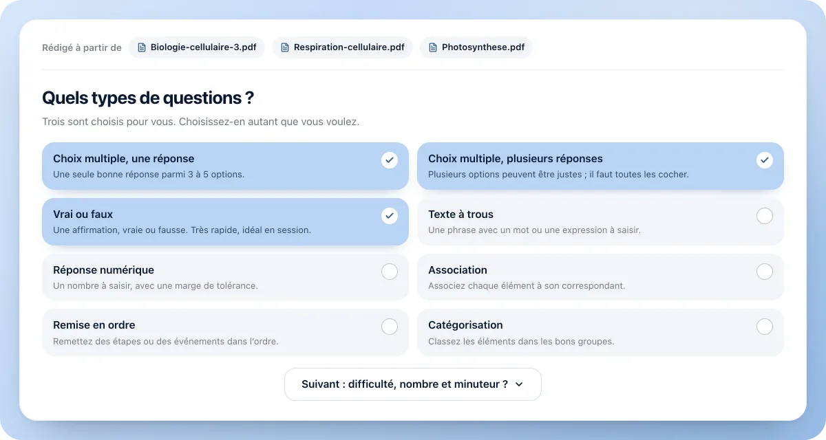 Le choix des types de questions d’un quiz Diaposi : réponse unique, réponses multiples, vrai ou faux, texte à trous, association et d’autres