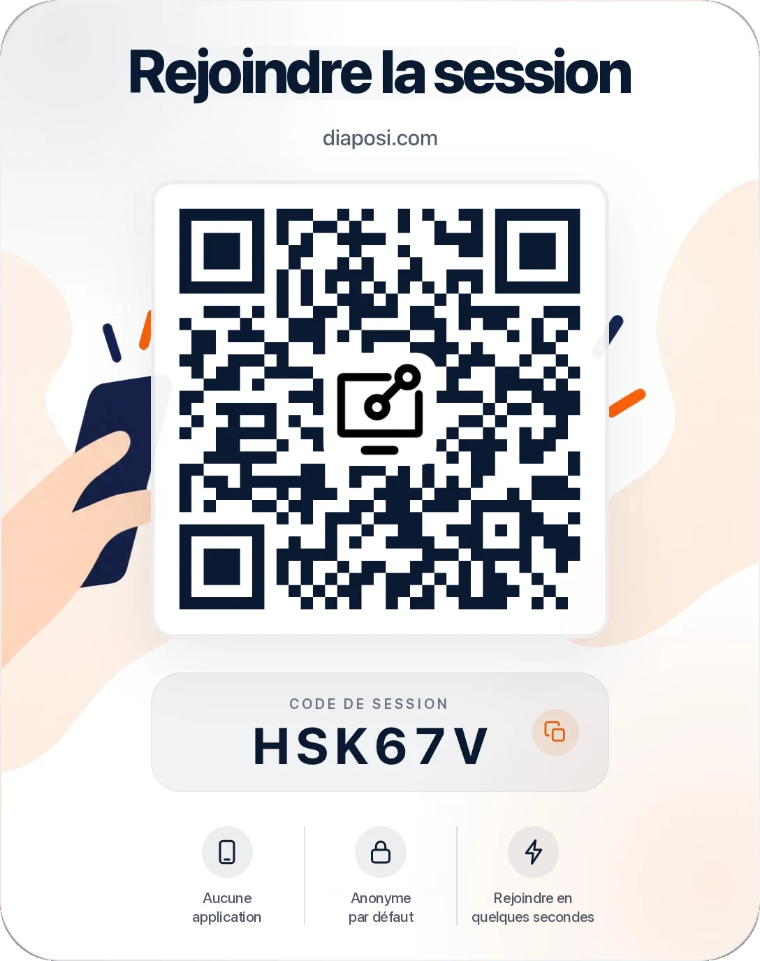 La carte Diaposi que la salle scanne pour rejoindre : Rejoindre la session sur diaposi.com, un QR code, le code de session, et aucune application, anonyme par défaut, rejoindre en quelques secondes
