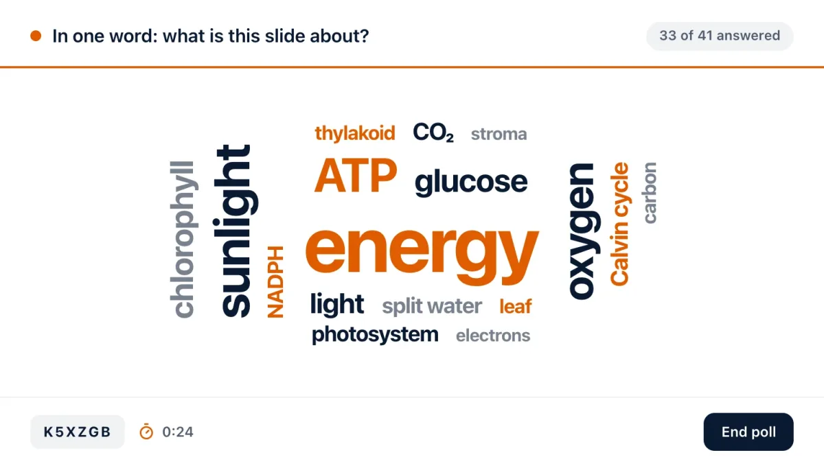 A word cloud poll live in the Diaposi cockpit: the question, 33 of 41 participants answered, and the room’s answers in large type, with the timer below