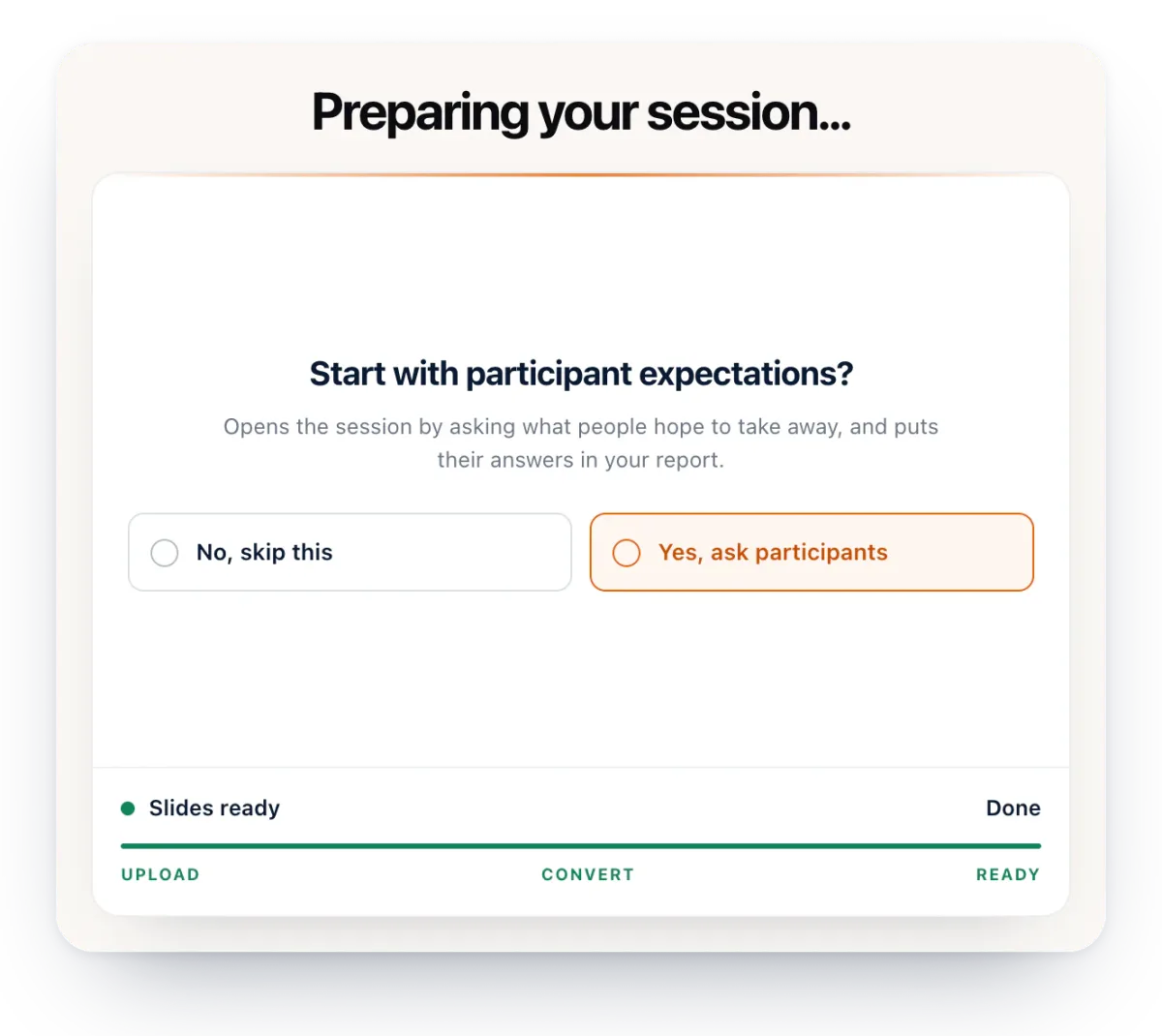 Preparing a Diaposi session: the slides are ready, and Diaposi offers to open by asking participants what they expect