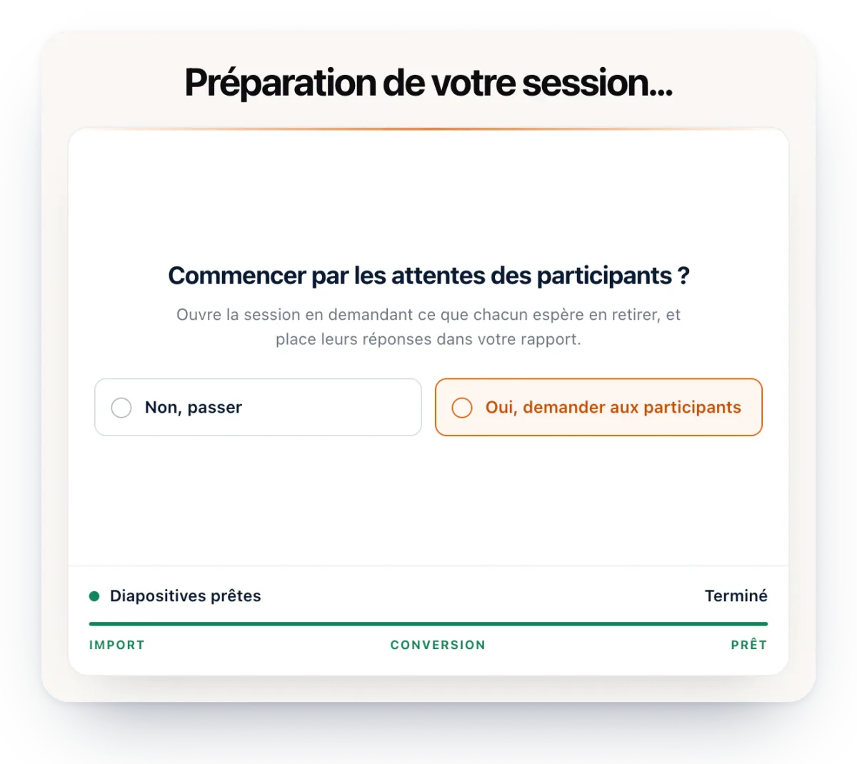 La préparation d’une session Diaposi : les diapositives sont prêtes, et Diaposi propose d’ouvrir en demandant aux participants ce qu’ils attendent