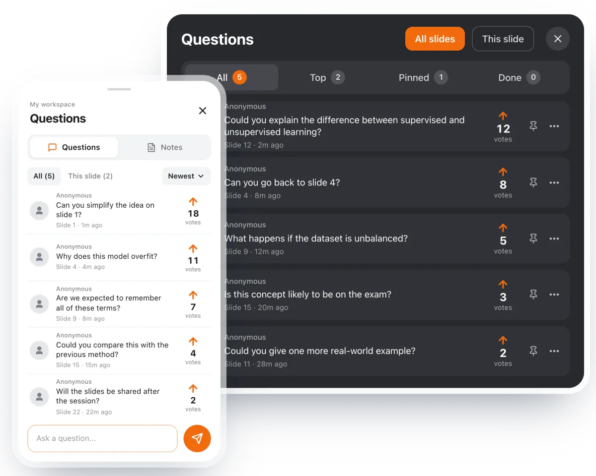 The questions panel on the presenter’s screen, beside the same questions on a participant’s phone, each asked anonymously and ranked by votes