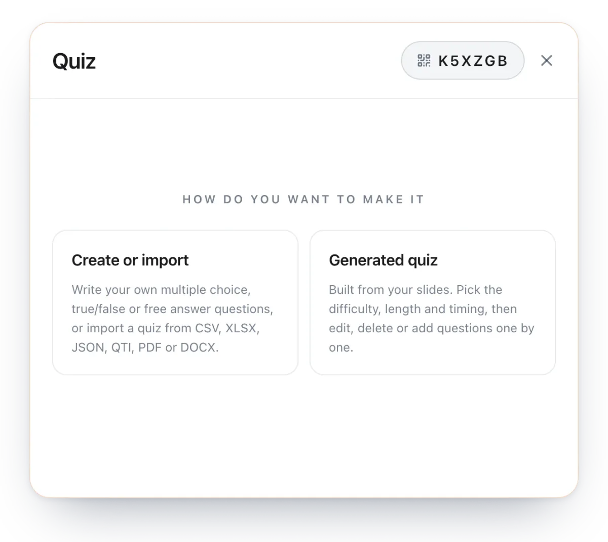 The quiz window in a Diaposi session: write or import your own questions, or a quiz generated from your slides with the difficulty, length and timer you choose