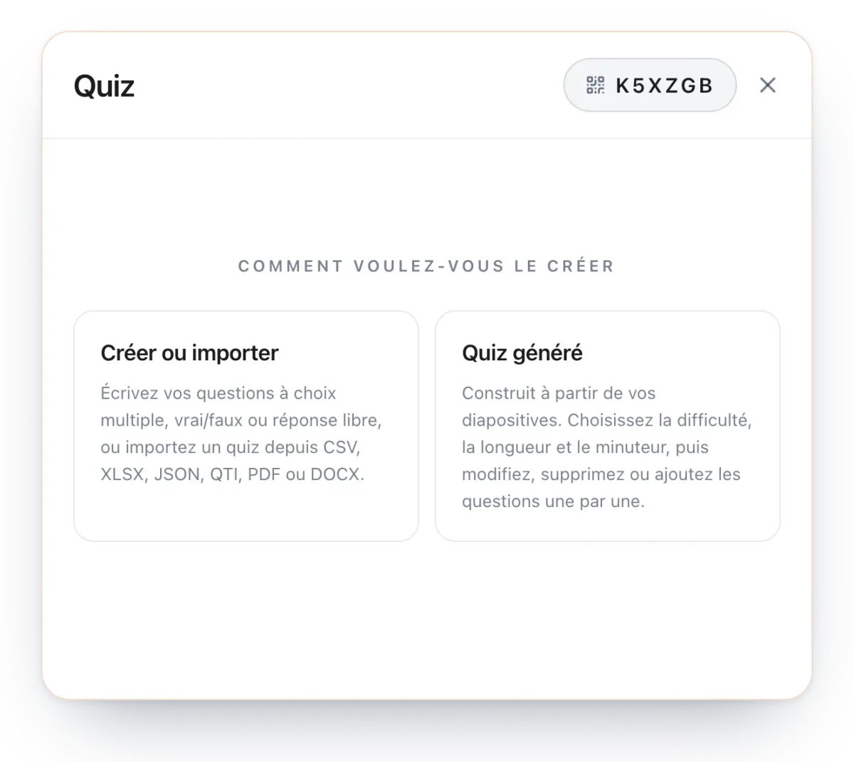 La fenêtre de quiz d’une session Diaposi : écrire ou importer vos propres questions, ou un quiz généré à partir de vos diapositives avec la difficulté, la longueur et le minuteur choisis