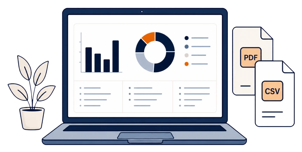 Laptop showing training report charts with PDF and CSV exports