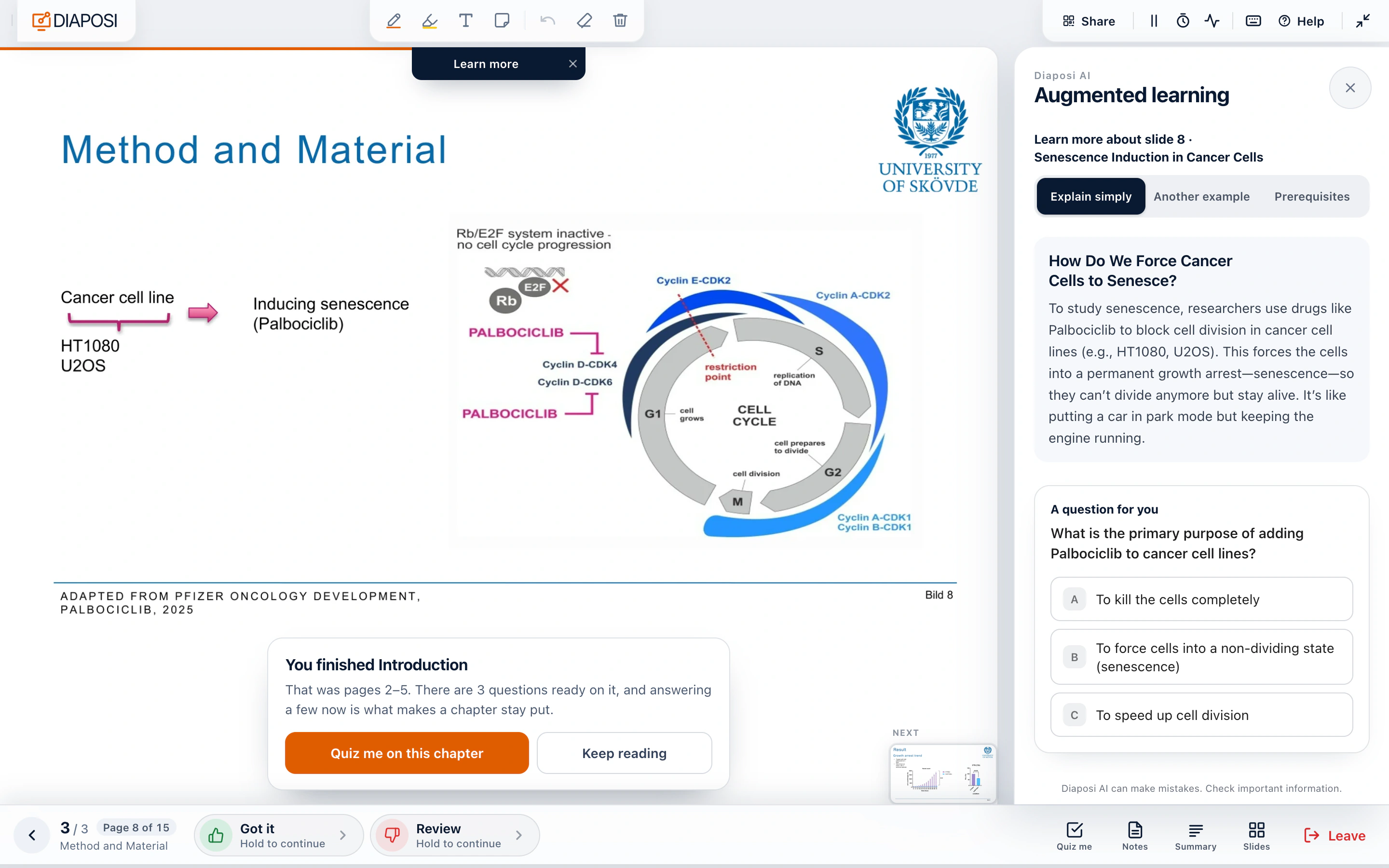 La salle Diaposi Augmented Learning sur une diapositive de biologie cellulaire, avec En savoir plus ouvert à côté : la diapositive expliquée simplement et une question à essayer, une invitation à se tester sur le chapitre terminé, et J’ai compris et À revoir sous la diapositive