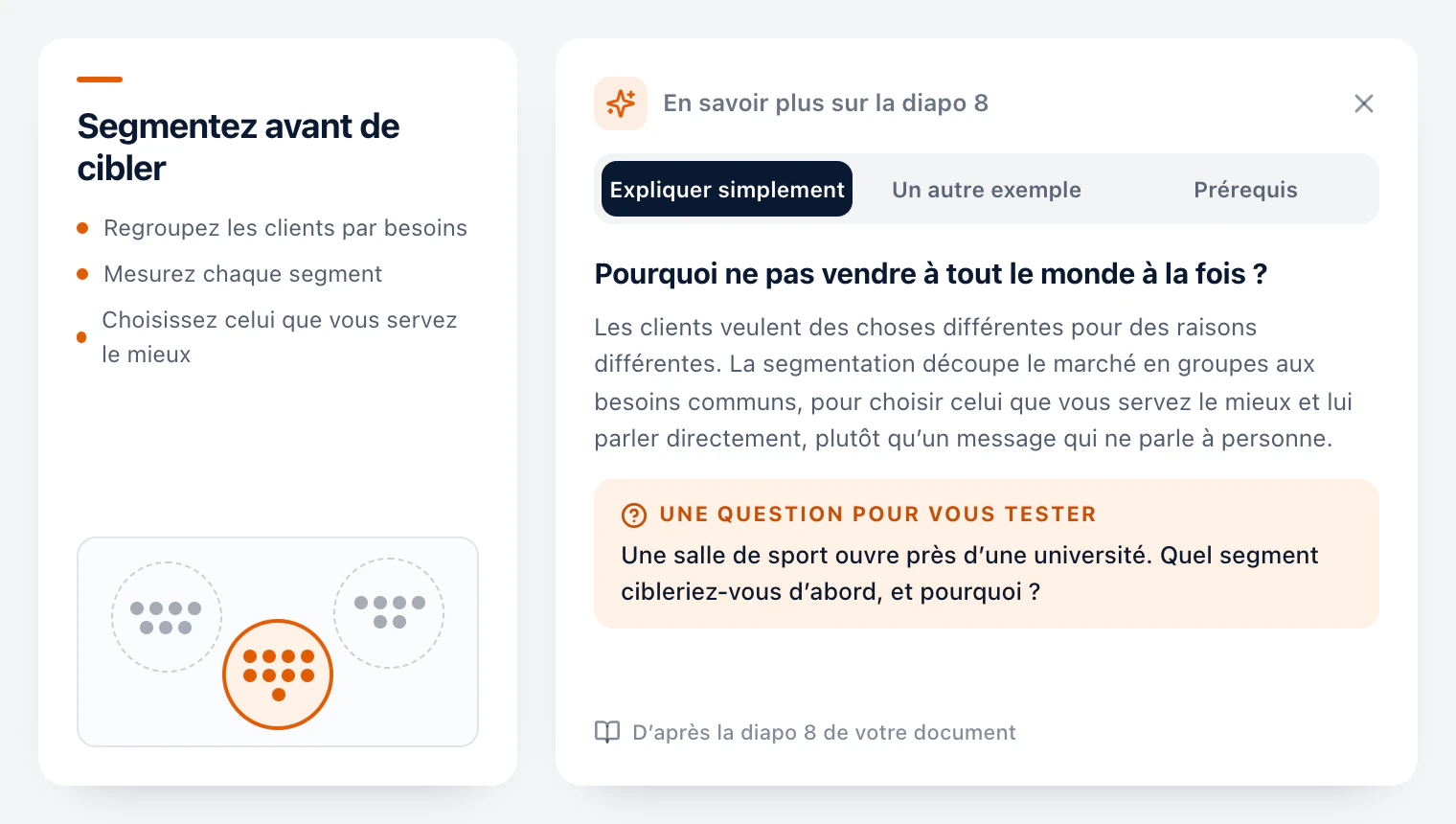 En savoir plus ouvert à côté de la diapo 8 d’un cours de marketing, Segmentez avant de cibler : les onglets Expliquer simplement, Un autre exemple et Prérequis, pourquoi on découpe un marché en segments expliqué avec des mots simples, une question sur une salle de sport près d’une université, et la mention qu’elle vient de la diapo 8 de votre document