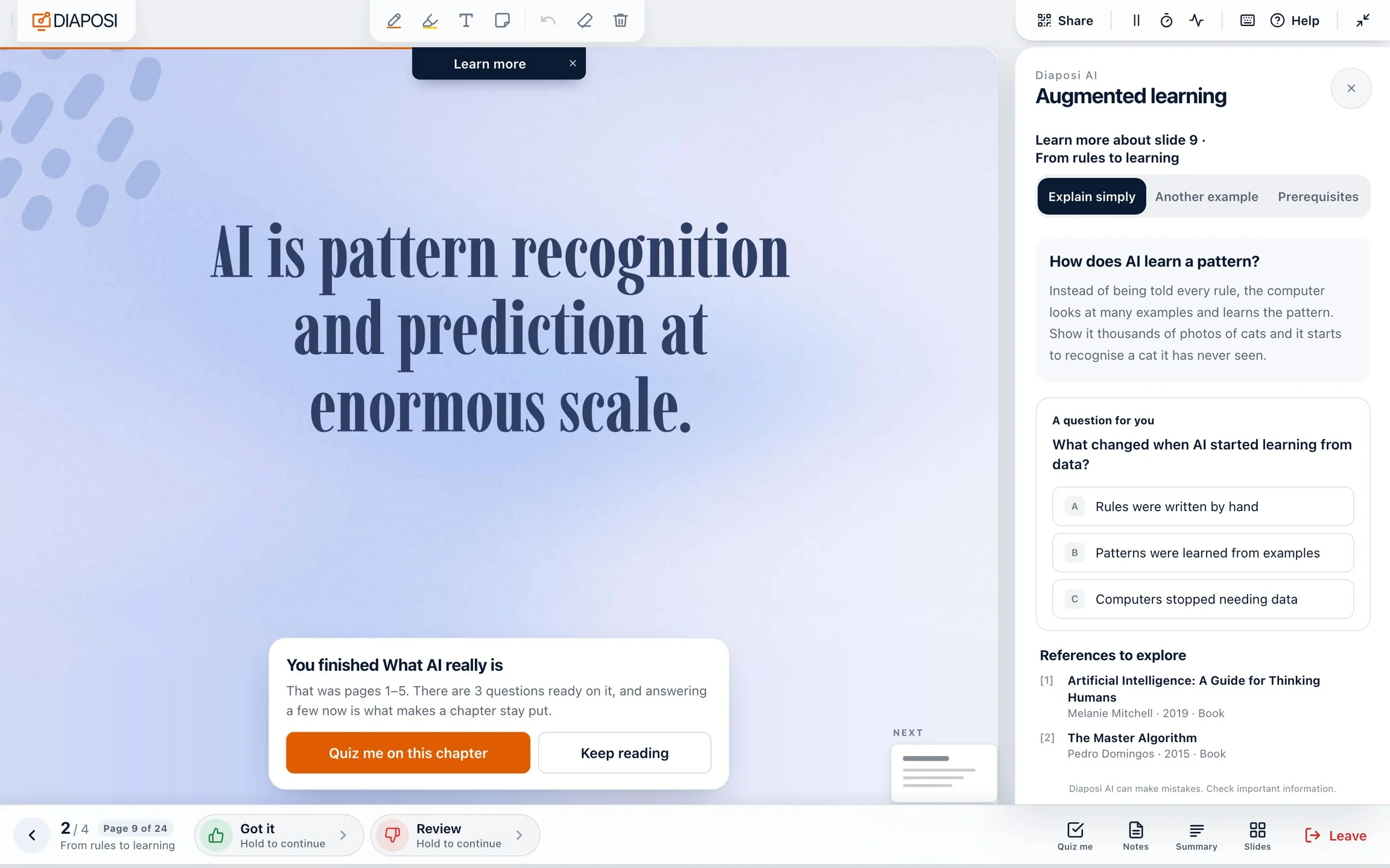 The Augmented Learning room on a lecture slide: the slide, a simple explanation of it at the side, a question to check you have it, references to explore, and the offer to quiz yourself on the chapter you just finished