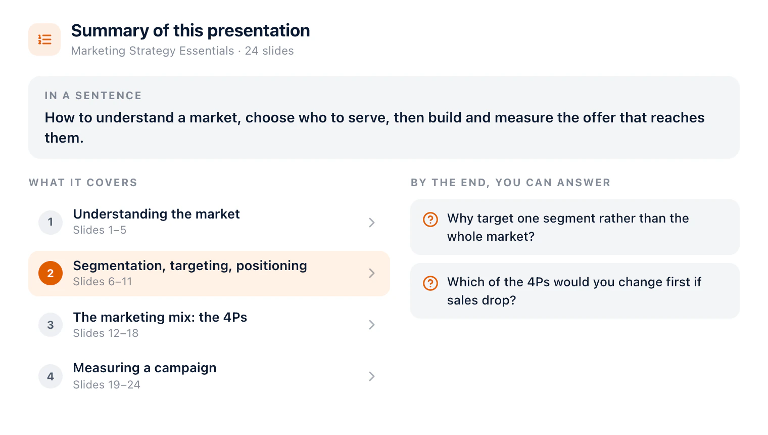The summary of a 24-slide marketing course, Marketing Strategy Essentials: the document in a sentence, its four chapters from the market to segmentation, the 4Ps and measuring a campaign, and two questions you can answer by the end