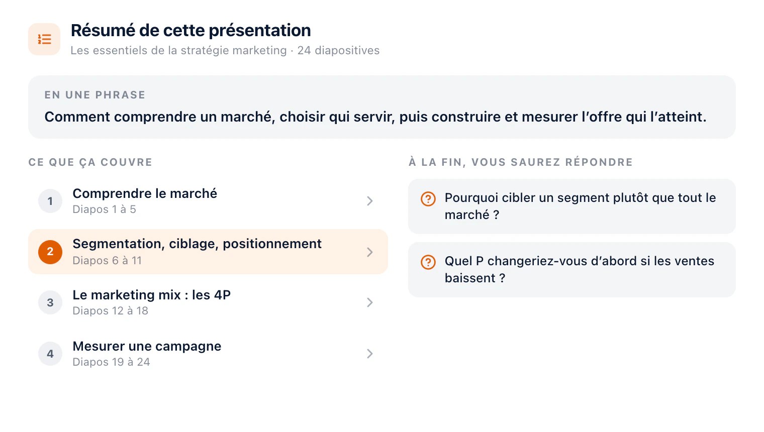 Le résumé d’un cours de marketing de 24 diapositives, Les essentiels de la stratégie marketing : le document en une phrase, ses quatre chapitres du marché à la segmentation, aux 4P et à la mesure d’une campagne, et deux questions auxquelles vous saurez répondre à la fin