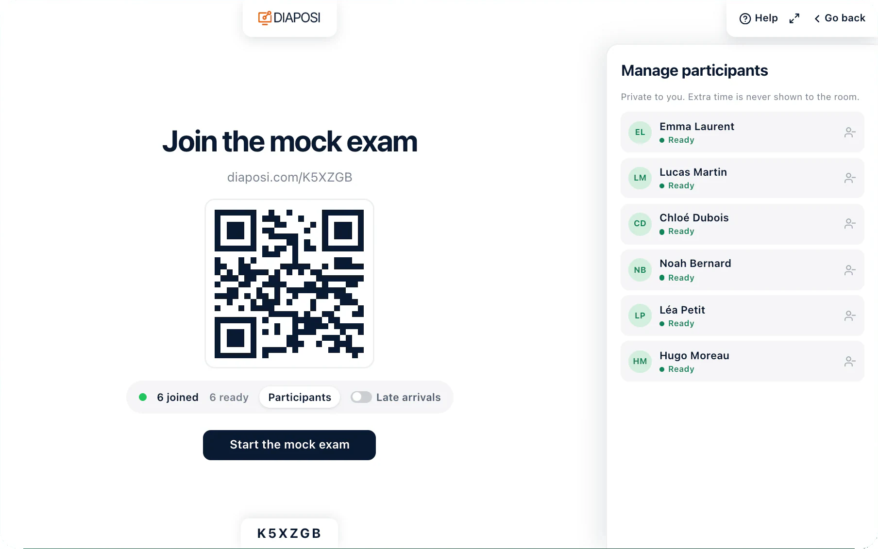 The Diaposi waiting room of a mock exam: the QR code and the address to join, the count of participants joined and ready, and the Manage participants panel filling up as people arrive