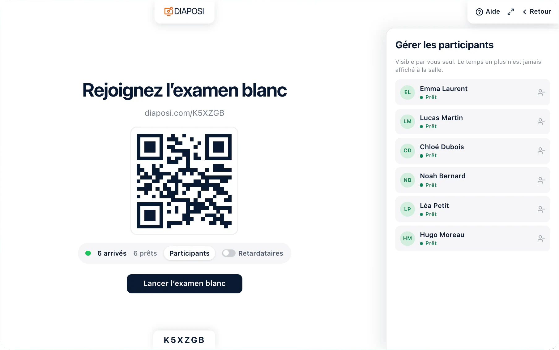 La salle d’attente Diaposi d’un examen blanc : le QR code et l’adresse pour rejoindre, le nombre de participants arrivés et prêts, et le panneau Gérer les participants qui se remplit à mesure des arrivées