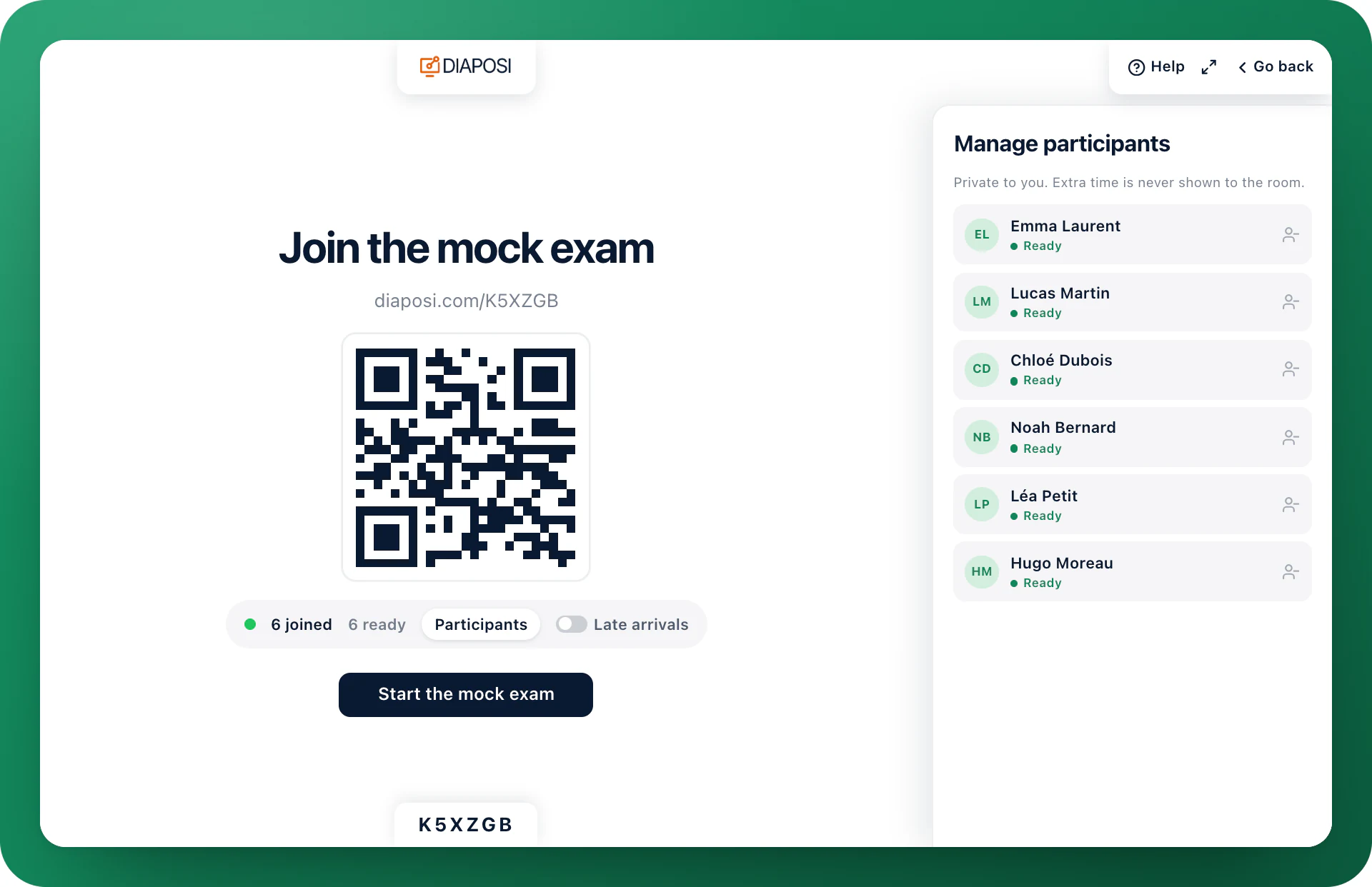 A laptop showing the Diaposi waiting room: the QR code to join the mock exam, the count of participants joined and ready, and the Manage participants panel filling up as people arrive.
