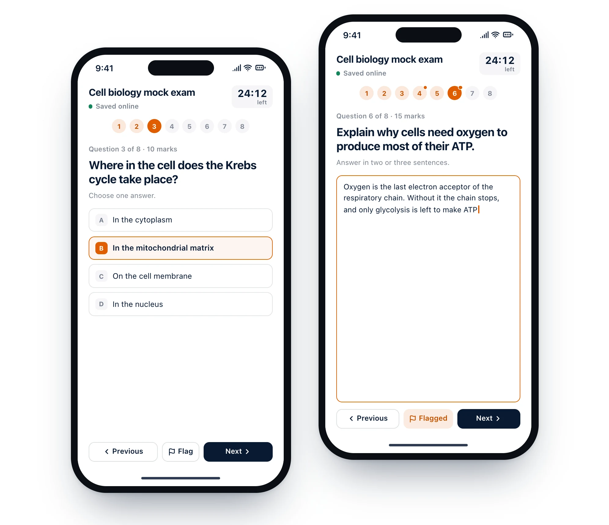 Two phones showing a Diaposi mock exam: a multiple choice question with an answer picked, and a written answer being typed and flagged for review.