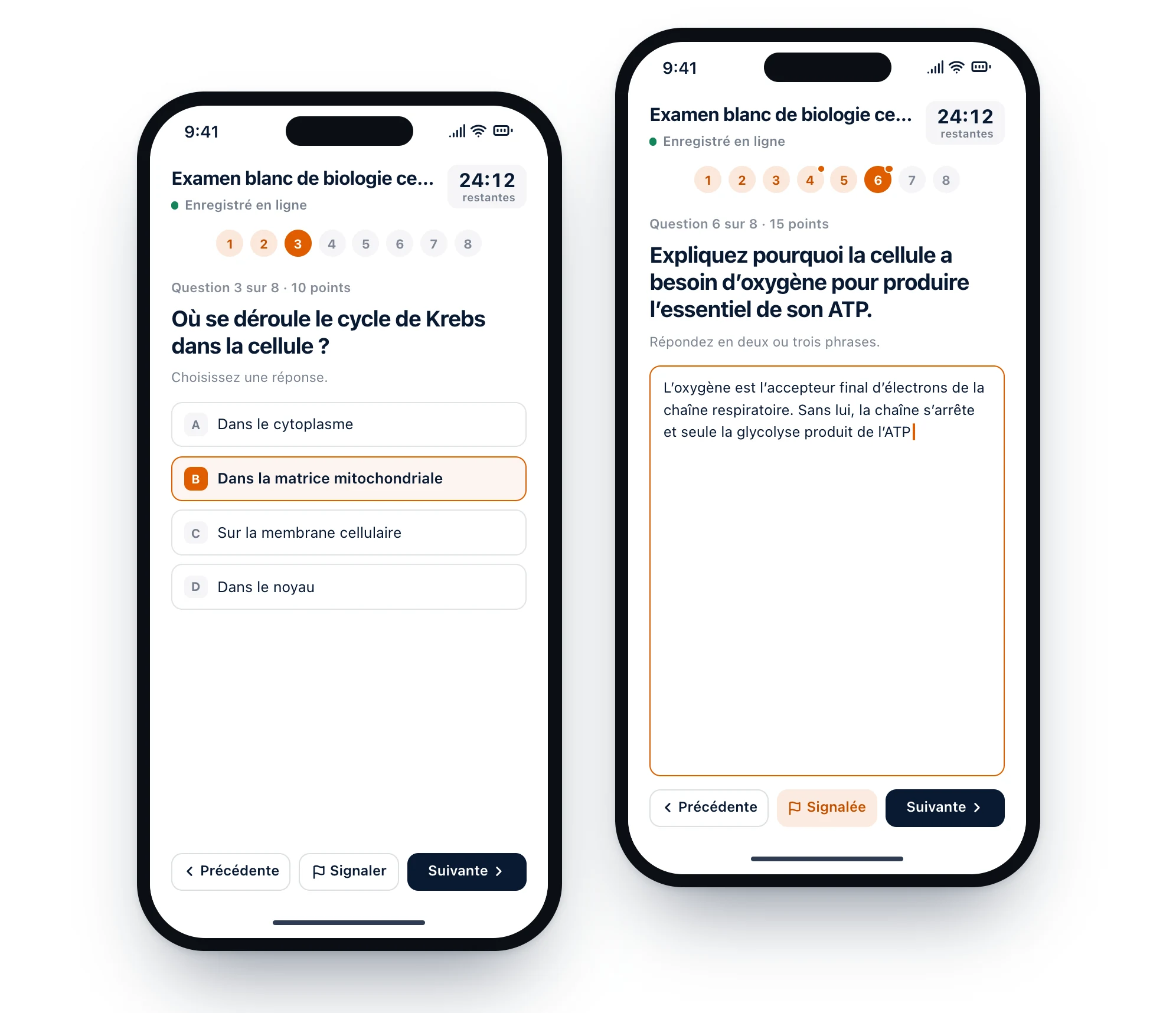 Deux téléphones affichant un examen blanc Diaposi : une question à choix multiples avec une réponse choisie, et une réponse rédigée en cours de saisie, signalée pour relecture.
