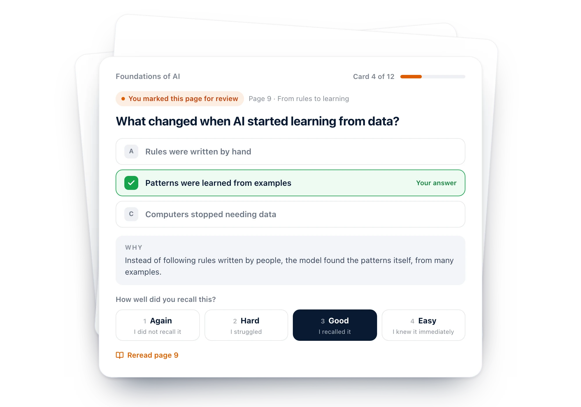 A Diaposi review card from the Foundations of AI deck: marked for review on page 9, the question with the right answer chosen, why it is right, and the four grades Again, Hard, Good and Easy, with Good picked