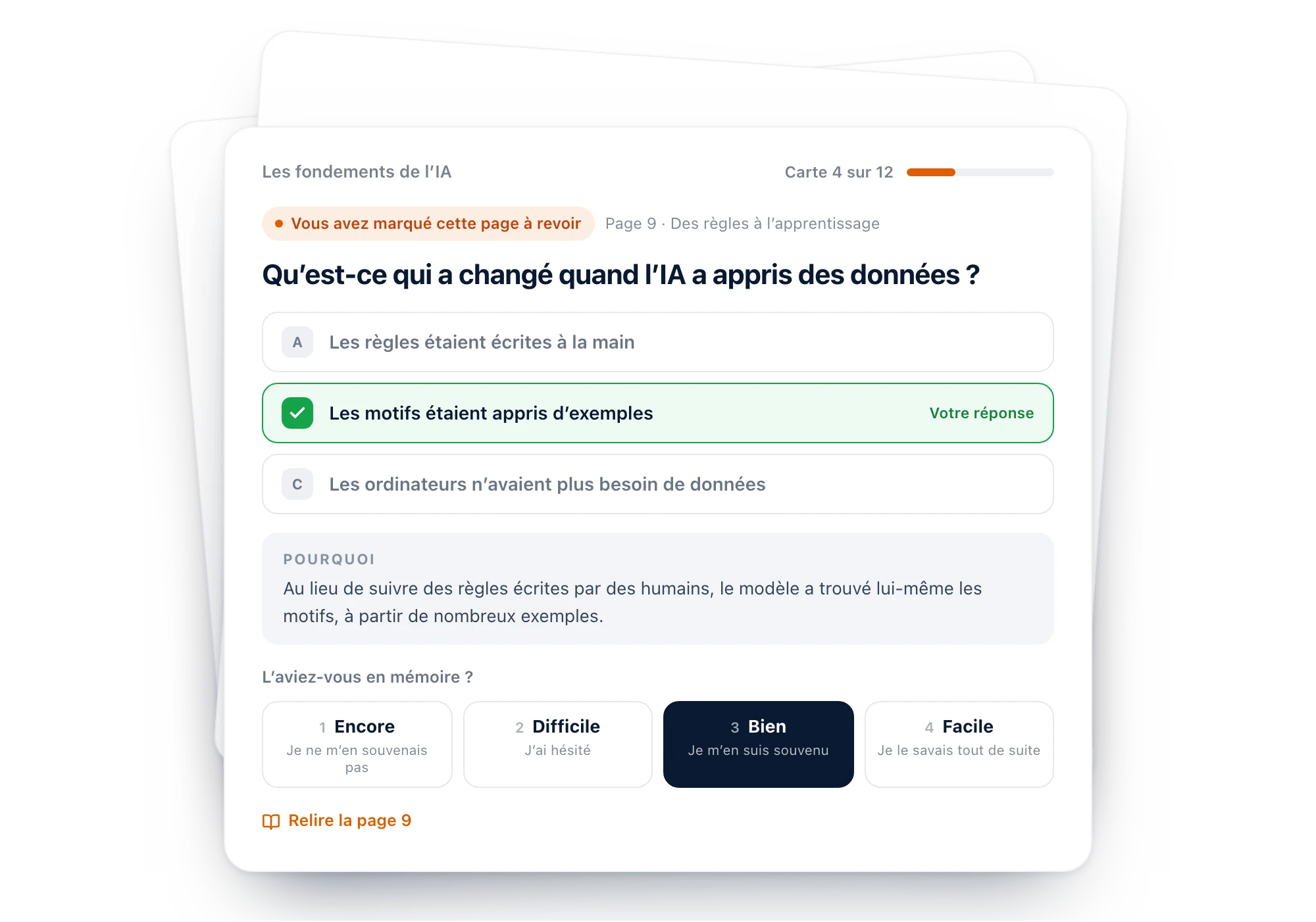 Une carte de révision Diaposi du support Les fondements de l’IA : marquée à revoir page 9, la question avec la bonne réponse choisie, pourquoi elle est juste, et les quatre notes Encore, Difficile, Bien et Facile, Bien étant choisie