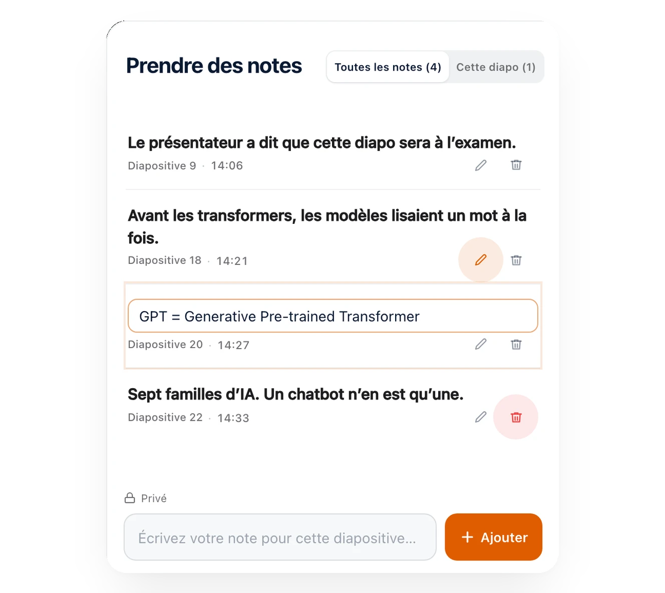 Le panneau de notes de Diaposi : quatre notes, chacune avec sa diapositive, son heure et les boutons pour la modifier ou la supprimer, privées, et le champ pour ajouter une note sur cette diapositive