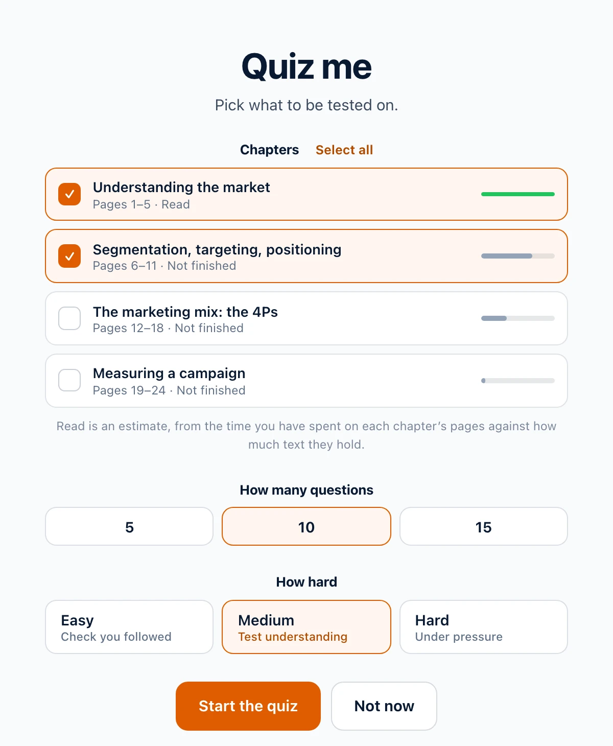 Quiz me in Diaposi: the chapters of a learning journey to pick from, then how many questions and how hard