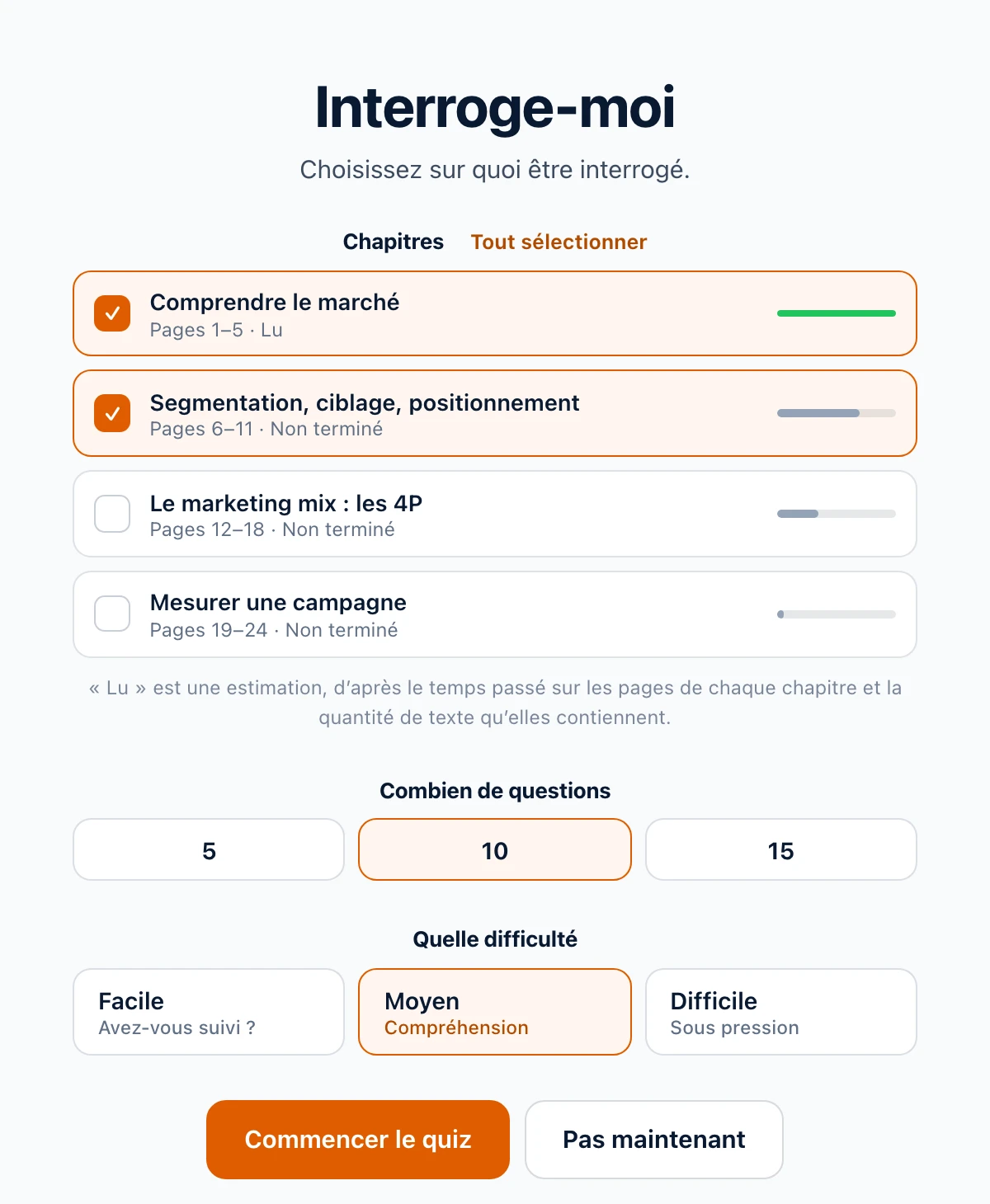 Interroge-moi dans Diaposi : les chapitres d’un parcours d’apprentissage à choisir, puis le nombre de questions et la difficulté