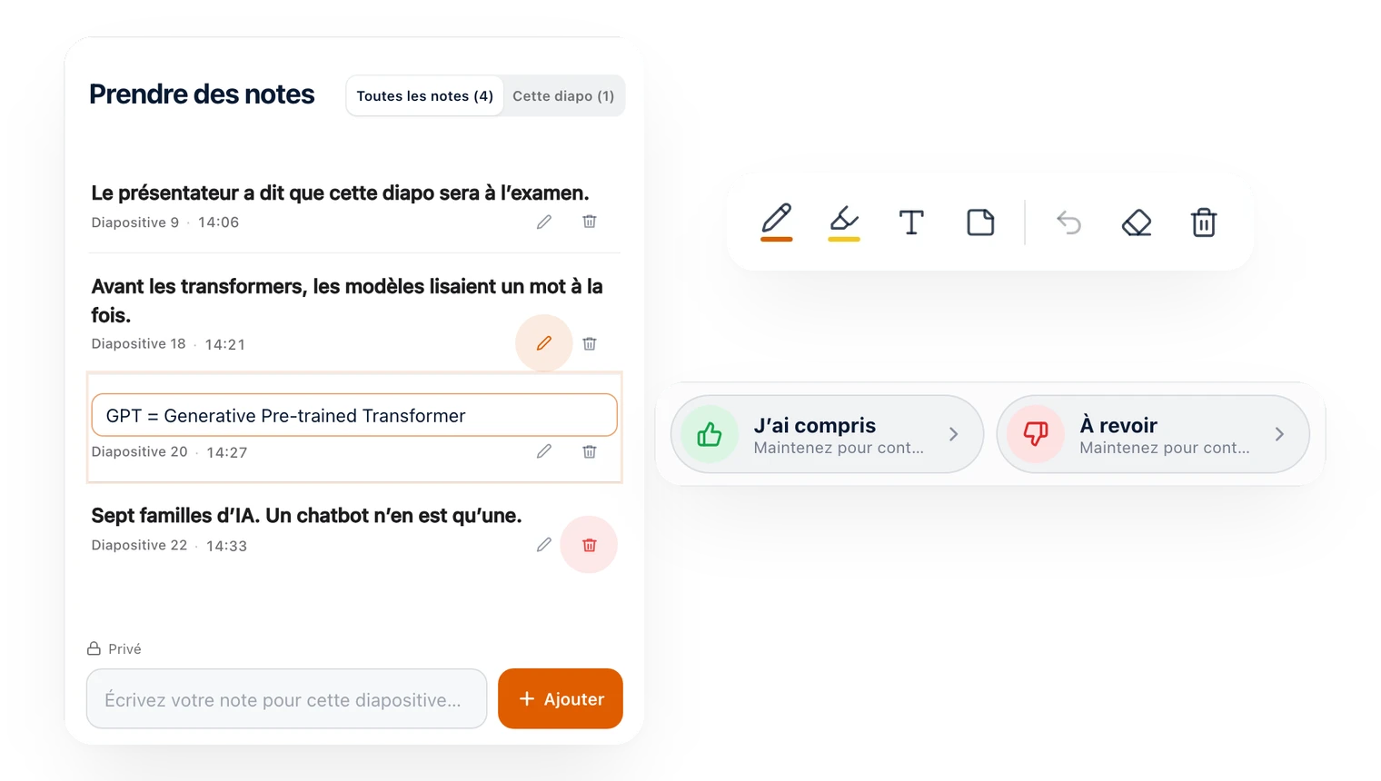 Le panneau de notes de Diaposi avec quatre notes, chacune avec sa diapositive et son heure, à côté des outils de dessin (stylo, surligneur, texte, note, annuler, gomme et corbeille) et des boutons Compris et À revoir