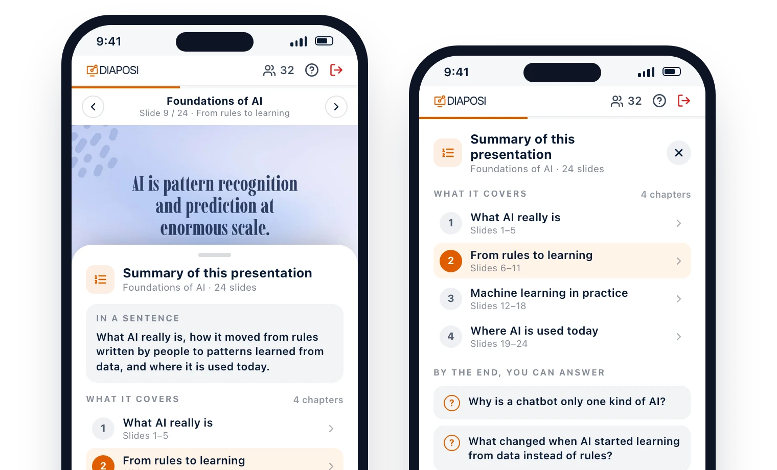 The summary on a participant's phone in Diaposi, on two screens: the slide still on screen with the presentation in one sentence under it, then every chapter with its slides and the questions you should be able to answer by the end