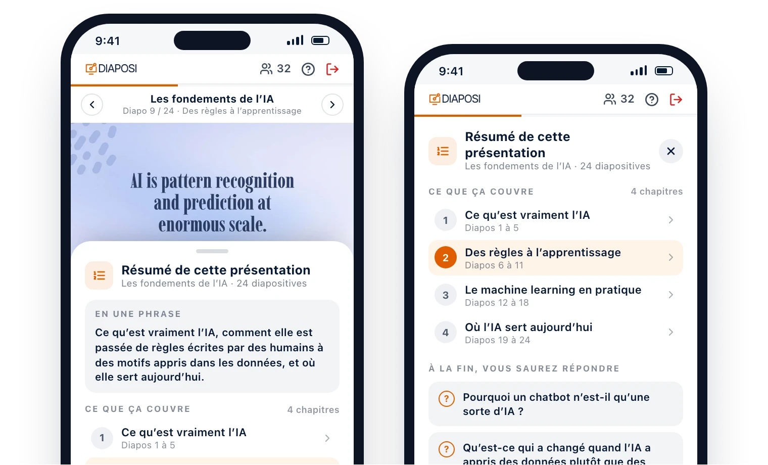 Le résumé sur le téléphone d’un participant dans Diaposi, sur deux écrans : la diapositive toujours à l’écran avec la présentation en une phrase dessous, puis chaque chapitre avec ses diapositives et les questions auxquelles vous devriez savoir répondre à la fin