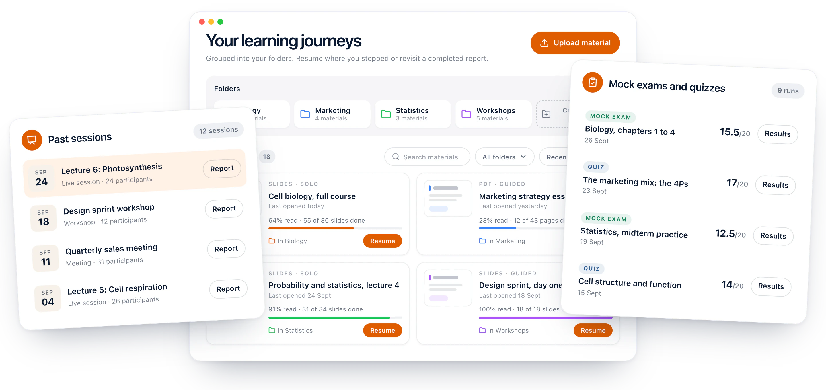 Your learning journeys sorted into folders, with your past sessions and their reports on one side and your past mock exams and quizzes with their grades on the other.