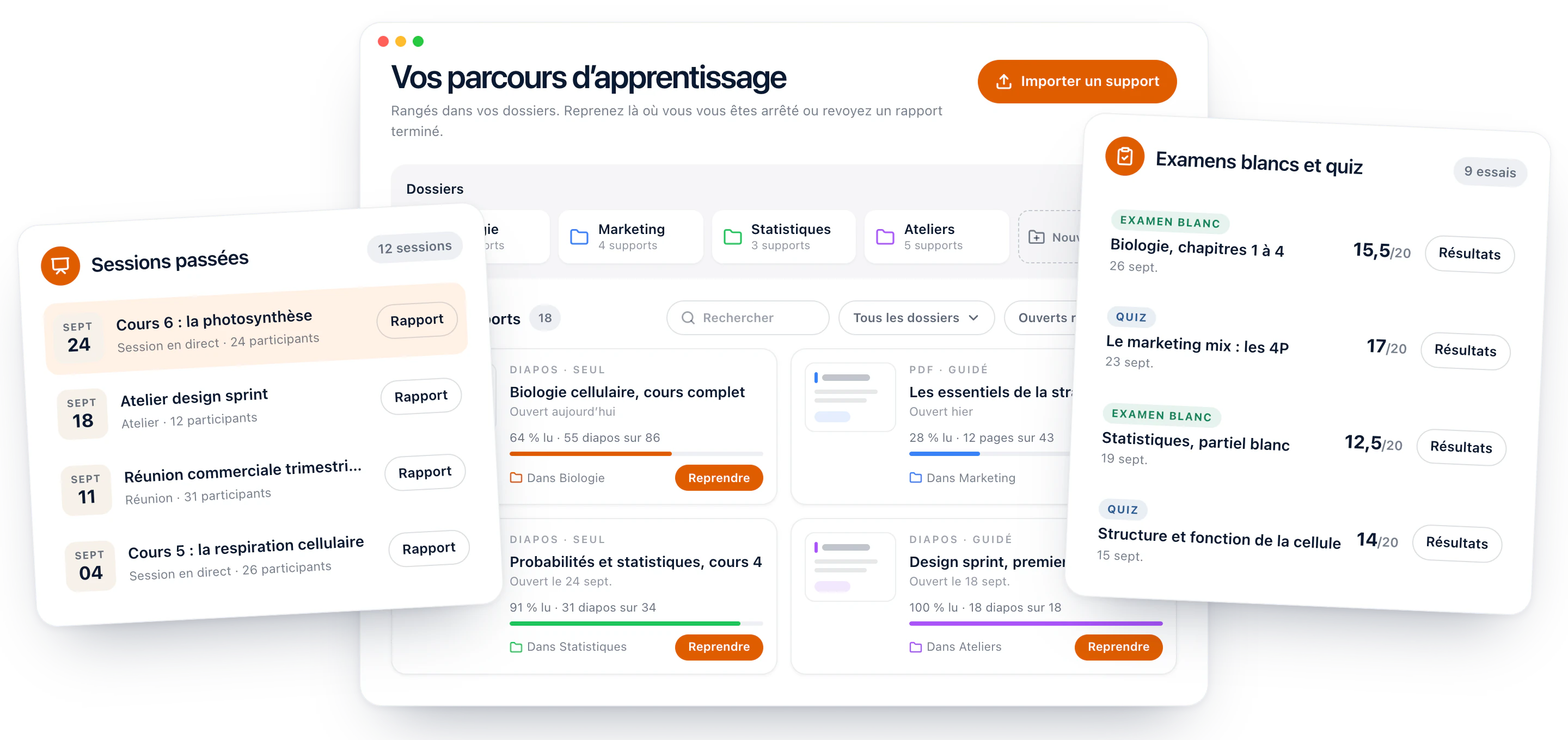 Vos parcours d’apprentissage rangés dans des dossiers, avec d’un côté vos sessions passées et leurs rapports, de l’autre vos examens blancs et quiz passés avec leurs notes.