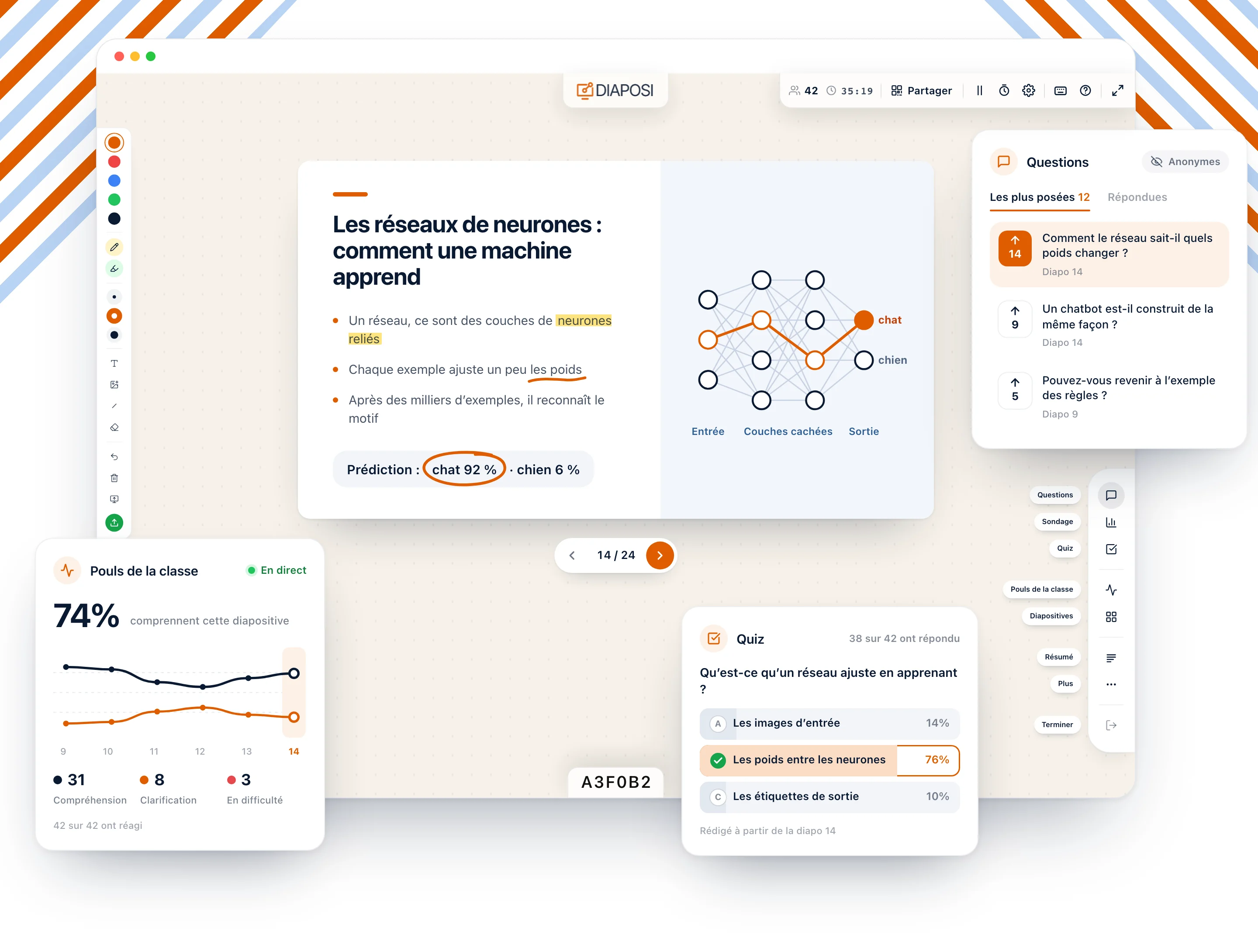 Le cockpit de l’hôte Diaposi pendant une session en direct : une diapositive sur les réseaux de neurones avec l’encre du présentateur, les questions anonymes de la salle classées par votes, le pouls de la classe diapositive par diapositive et les réponses à un quiz rédigé à partir de la diapositive