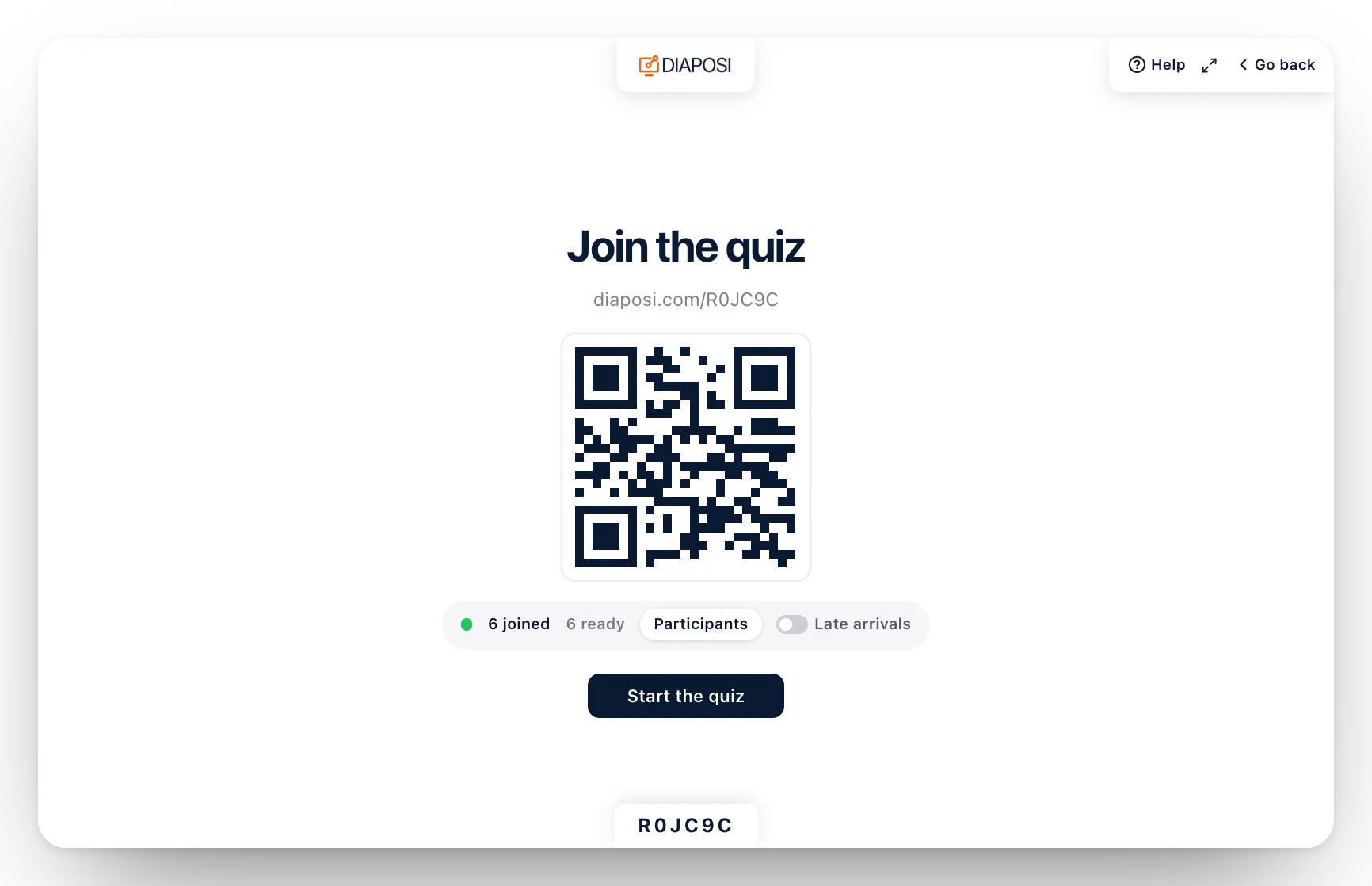 The waiting room of a Diaposi quiz as the host projects it: Join the quiz, the address and the QR code, the count of who has joined and who is ready, and Start the quiz