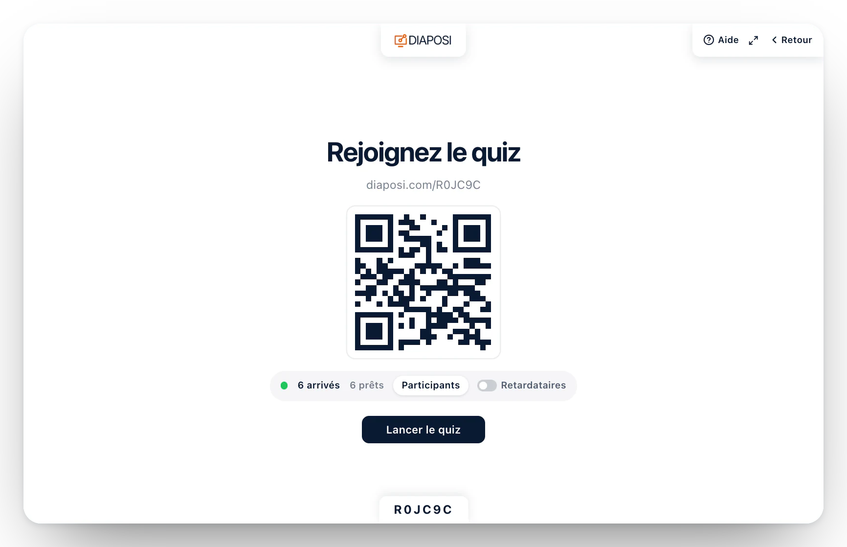 La salle d’attente d’un quiz Diaposi telle que l’hôte la projette : Rejoignez le quiz, l’adresse et le QR code, le nombre d’arrivés et de prêts, et Lancer le quiz