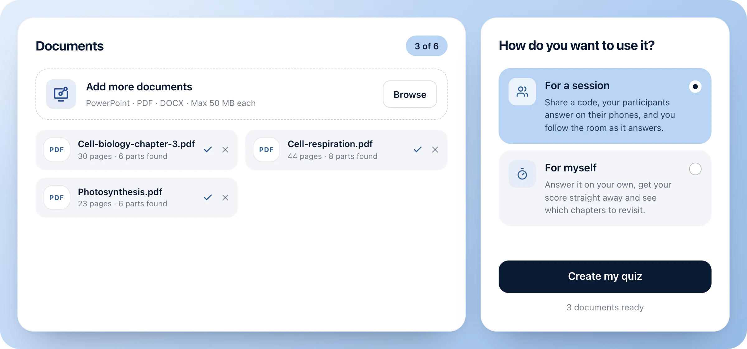 The Diaposi Quiz generator as it opens: How do you want to use it?, with For a session chosen over For myself, the Create my quiz button, and three course documents already in, each with its pages and the parts found in it