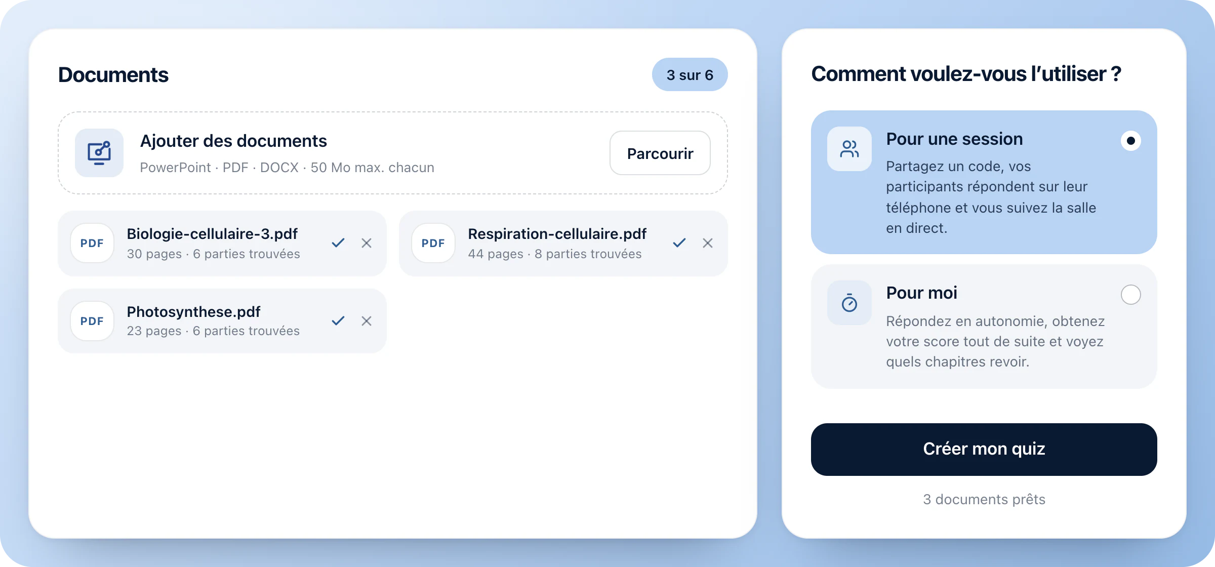 Le générateur de quiz Diaposi à l’ouverture : Comment voulez-vous l’utiliser ?, avec Pour une session choisi plutôt que Pour moi, le bouton Créer mon quiz, et trois documents de cours déjà importés, chacun avec ses pages et les parties trouvées