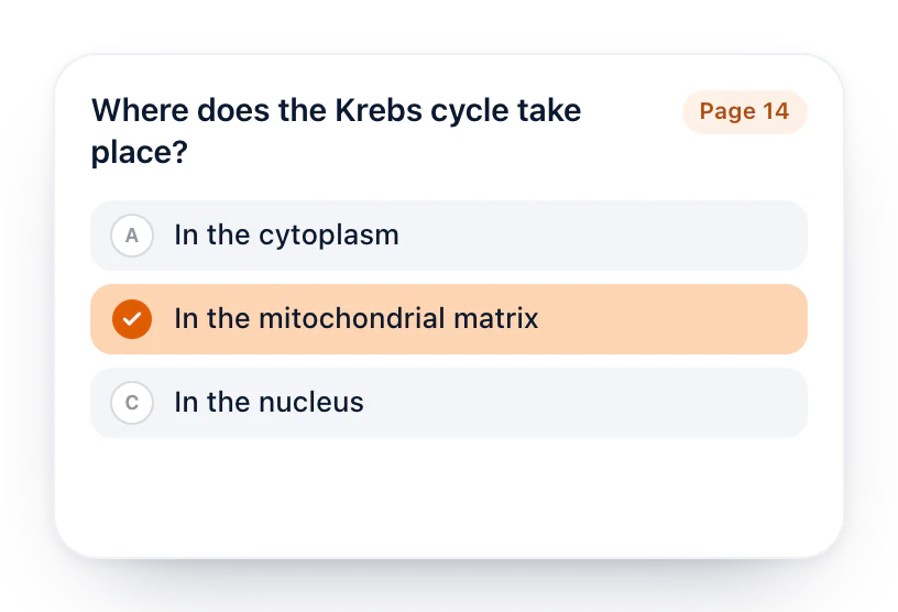 A multiple choice question from page 14: Where does the Krebs cycle take place?, with In the mitochondrial matrix picked