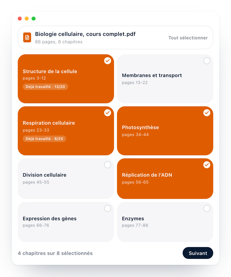 Le choix des chapitres d’un examen blanc Diaposi : les huit chapitres d’un cours en tuiles, quatre sélectionnés, deux avec la note du dernier entraînement