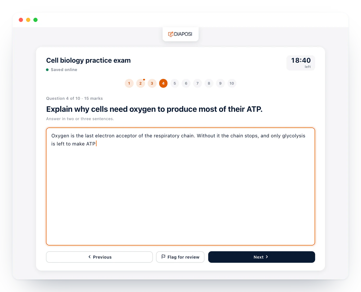 A Diaposi practice mock exam being sat: the exam’s name, the time left, the row of questions with the answered and flagged ones marked, and a multiple choice question with an answer picked