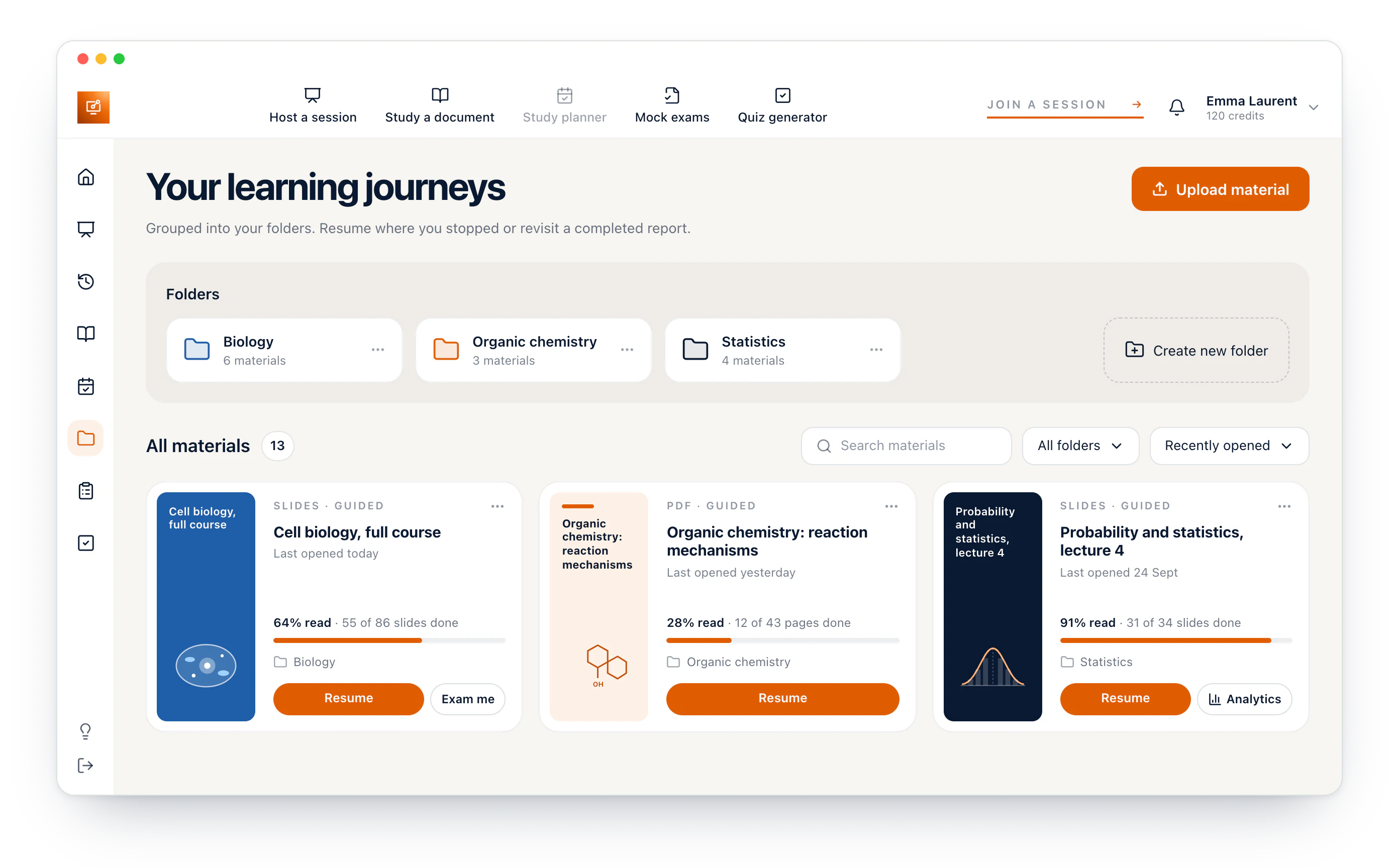 My learning journeys in the Diaposi dashboard: three folders, Biology, Organic chemistry and Statistics, then three courses, each with its cover, how far it has been read, its folder, and the buttons to resume it, sit a mock exam on it or open its analytics