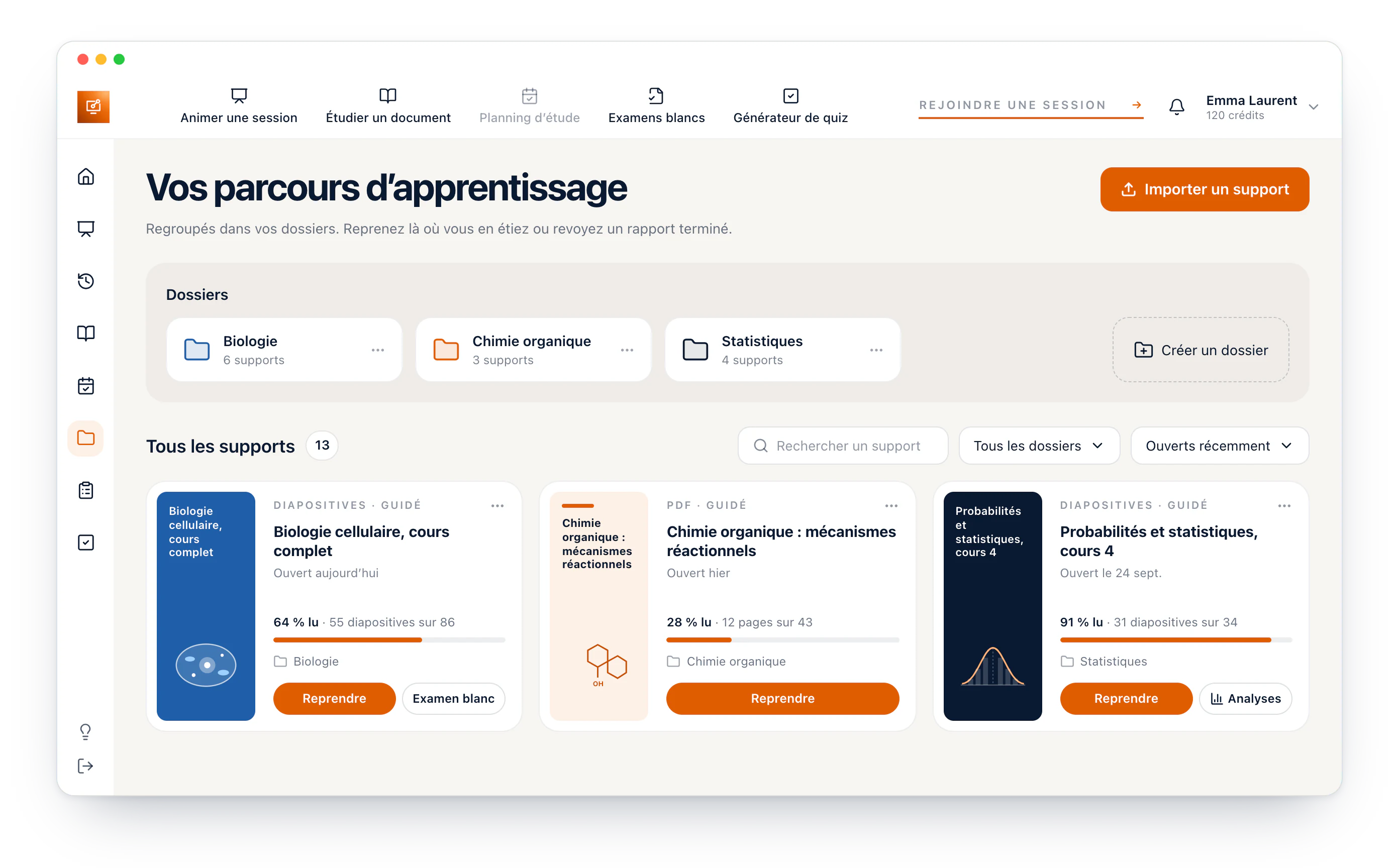 Mes parcours d’apprentissage dans le tableau de bord Diaposi : trois dossiers, Biologie, Chimie organique et Statistiques, puis trois cours, chacun avec sa couverture, sa progression de lecture, son dossier et les boutons pour le reprendre, passer un examen blanc dessus ou ouvrir ses analyses