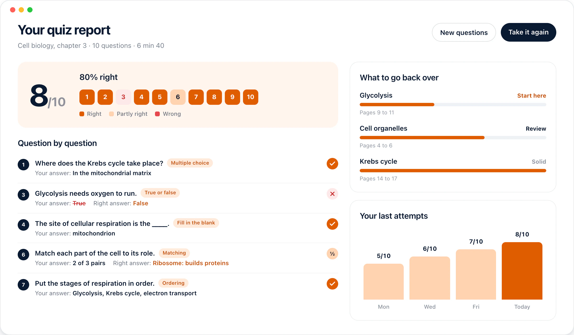 A Diaposi quiz report: 8 out of 10, a square per question, the questions one by one with the answer given and the right one, the chapters to go back over with their pages, and the last four attempts