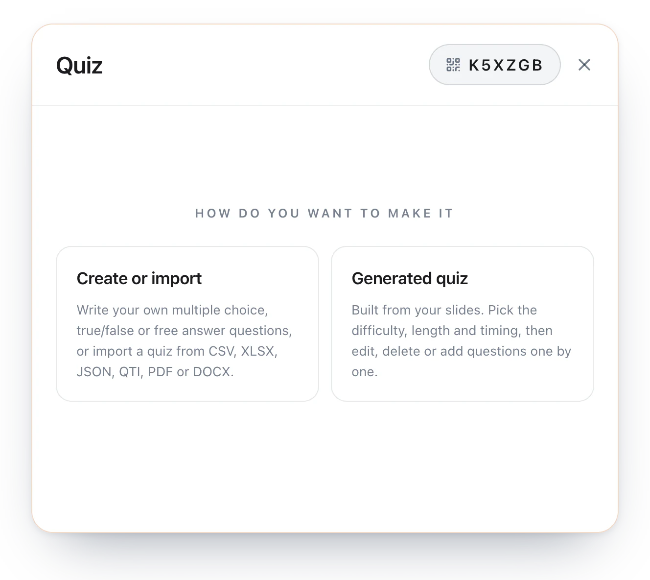 The quiz window in a Diaposi session: create or import your own questions, or a quiz generated from your slides with the difficulty, length and timing you pick, each question yours to edit, delete or add