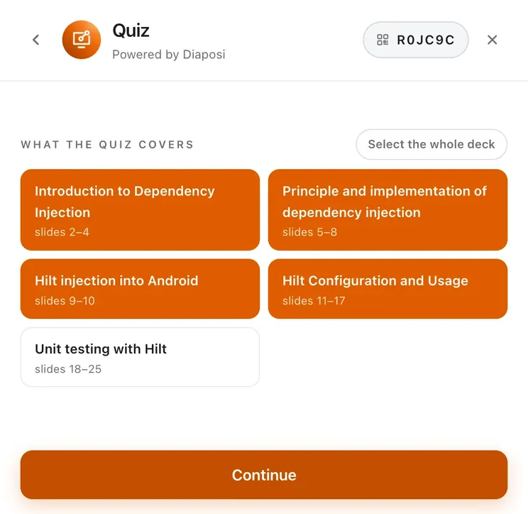 Choosing what the quiz covers: the deck's chapters, each with its slides, or the whole deck