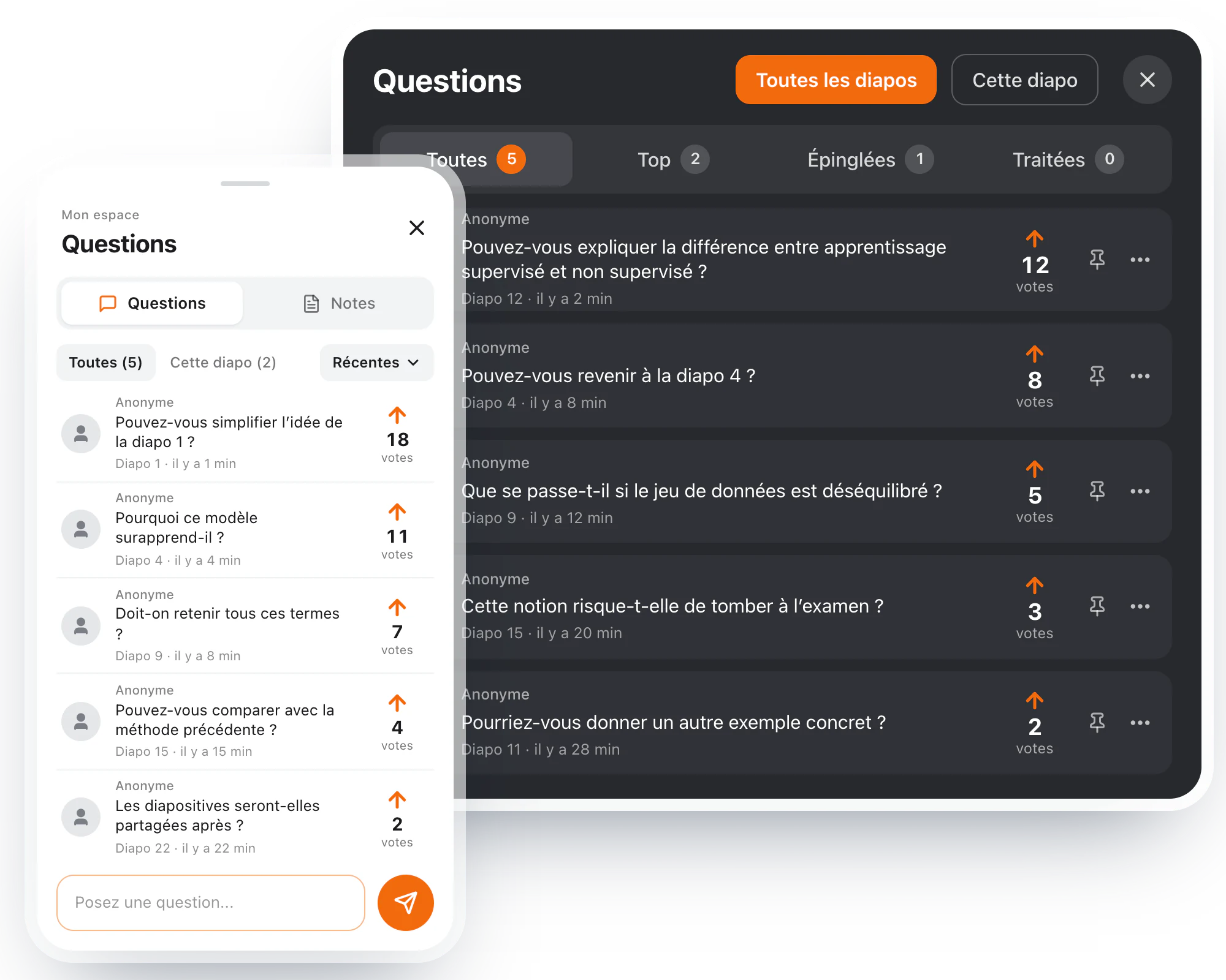 Les questions anonymes dans Diaposi : le téléphone d’un participant avec les questions posées et leurs votes, à côté de la liste de l’hôte, classée par votes, épinglée ou traitée