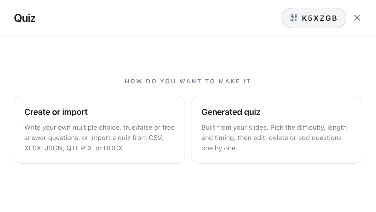 The quiz window in Diaposi with its two ways to make a quiz: create or import, or a quiz generated from the slides