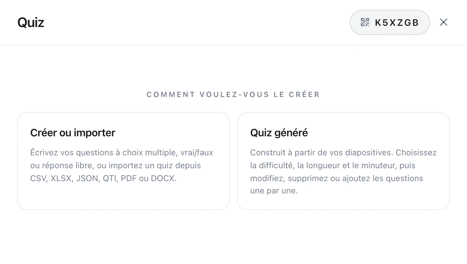 La fenêtre de quiz dans Diaposi et ses deux façons de créer un quiz : créer ou importer, ou un quiz généré à partir des diapositives